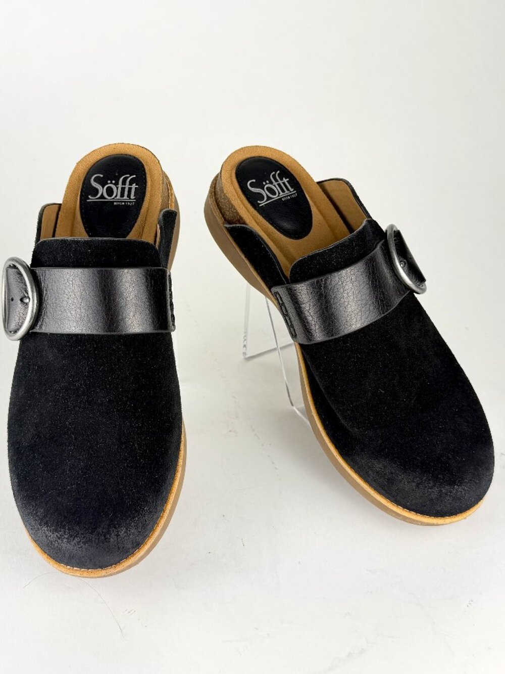 Söfft Black Suede Leather Buckle Clogs Mules Slides Comfort Shoes Size 8.5M